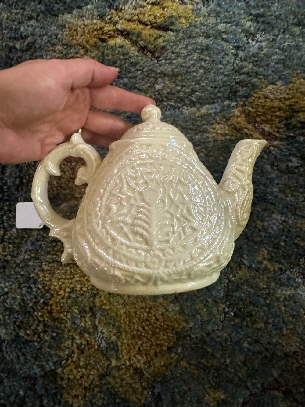 Ceramic Embossed Cream Teapot Home Art Accent